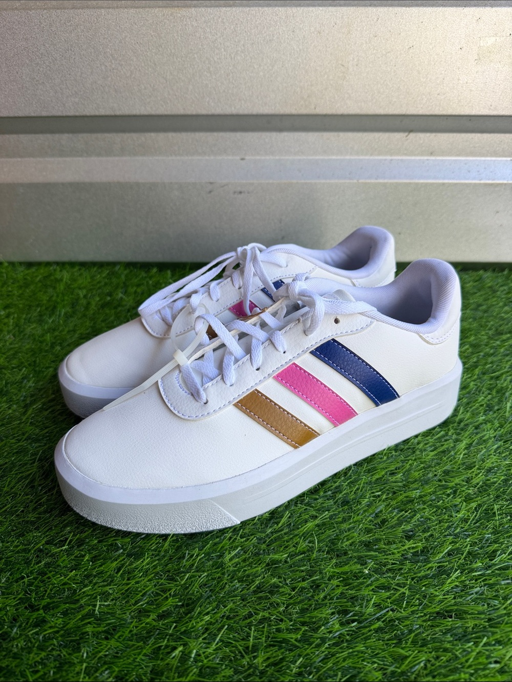 adidas White Sneakers with Pink, Blue & Gold Stripes NO BOX